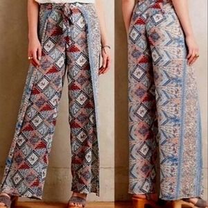 🟢1195 * Anthropologie Elevenses Seaflower Wide Leg Pants Blue Brown Boho Size 4